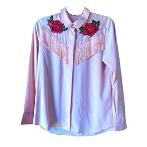 Custom western pink roses & fringe shirt studded S